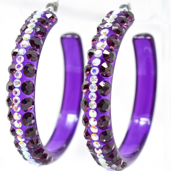 2.5" Clear Purple Lucite 5 Row Rhinestone Earrings - Picture 7 of 11